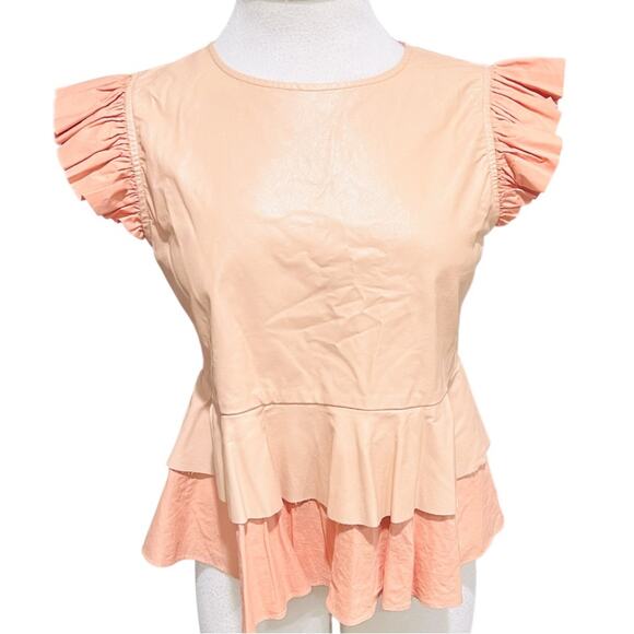 ZARA Peplum Blouse Faux Leather and Fabric Salmon Color  Size Small - Picture 4 of 8